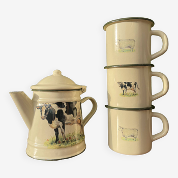 Enameled coffee pot and mugs