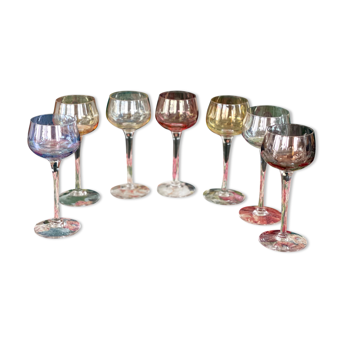 7 vintage iridescent foot glasses