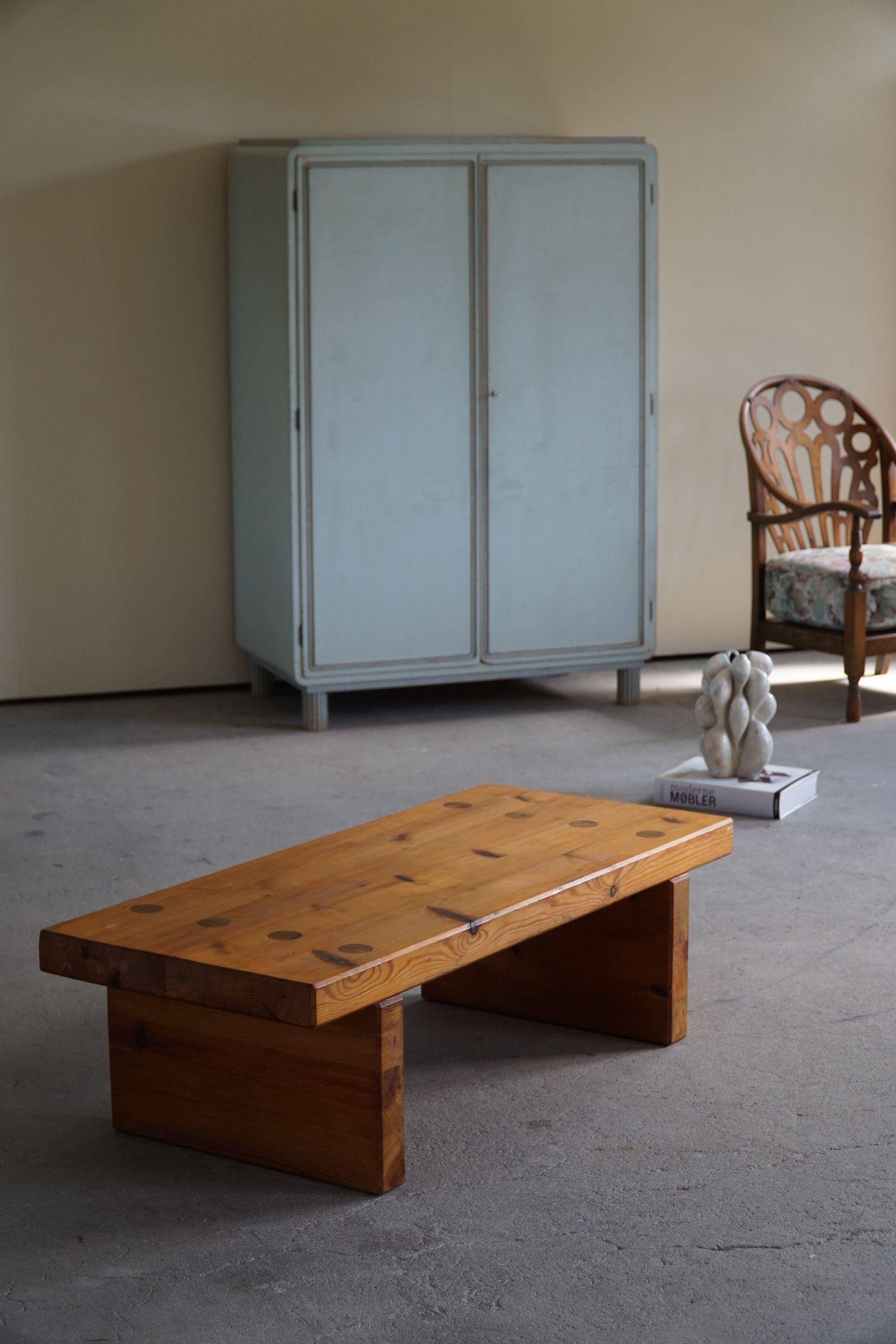 Table basse carrée moderne suédoise en pin massif de Sven Larsson, Brutalist, 1970