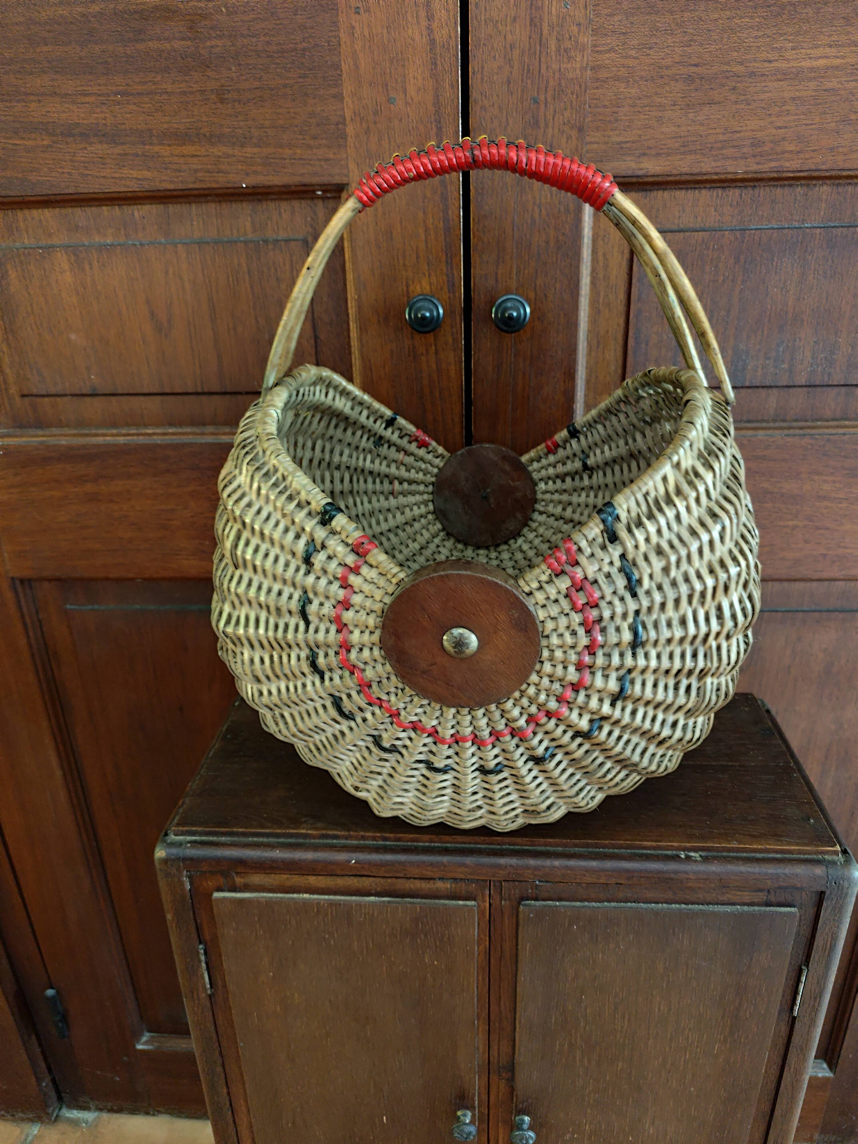 Large antique half-moon rattan basket