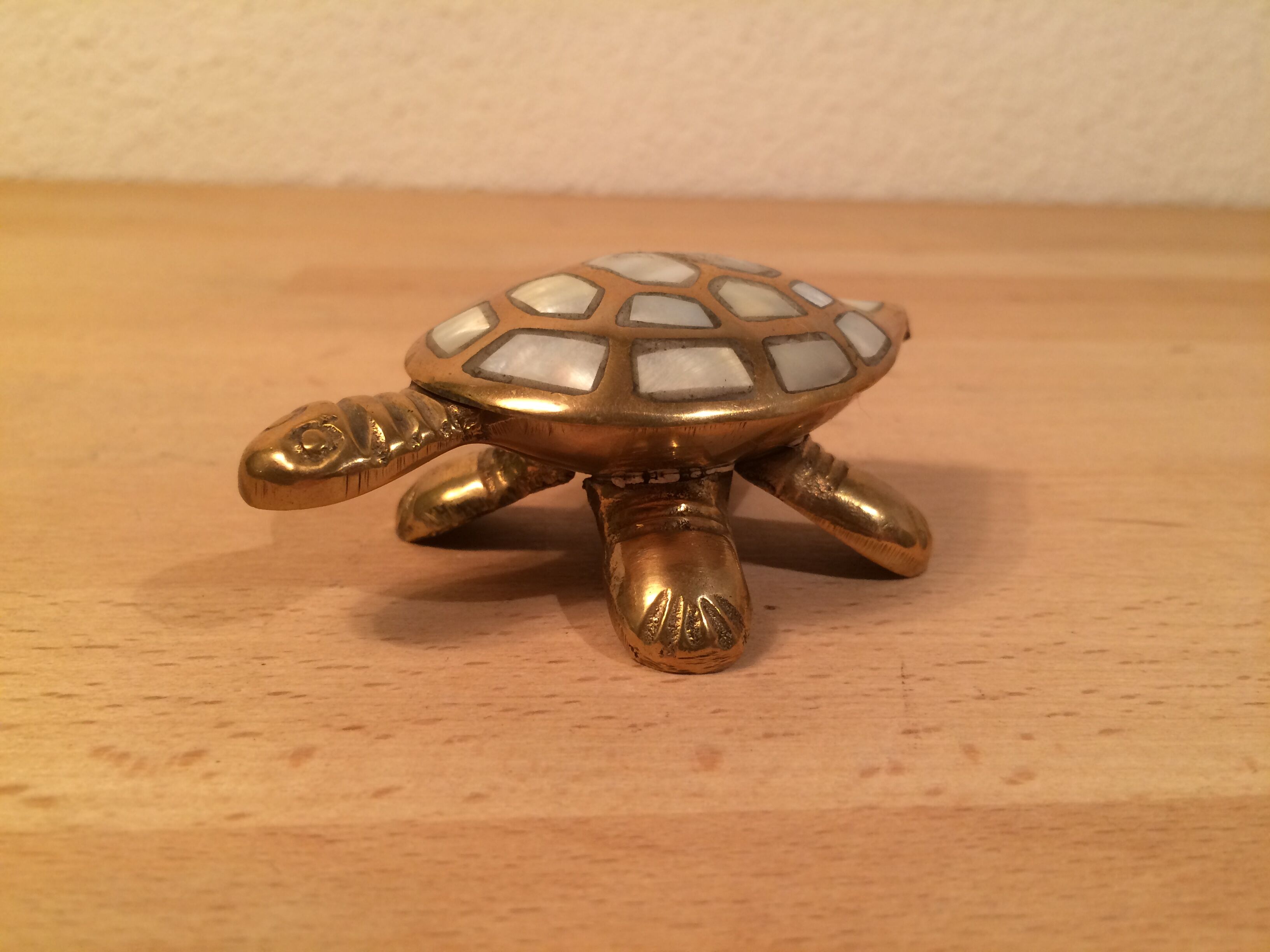 Brass and mother-of-pearl turtle jewelry box