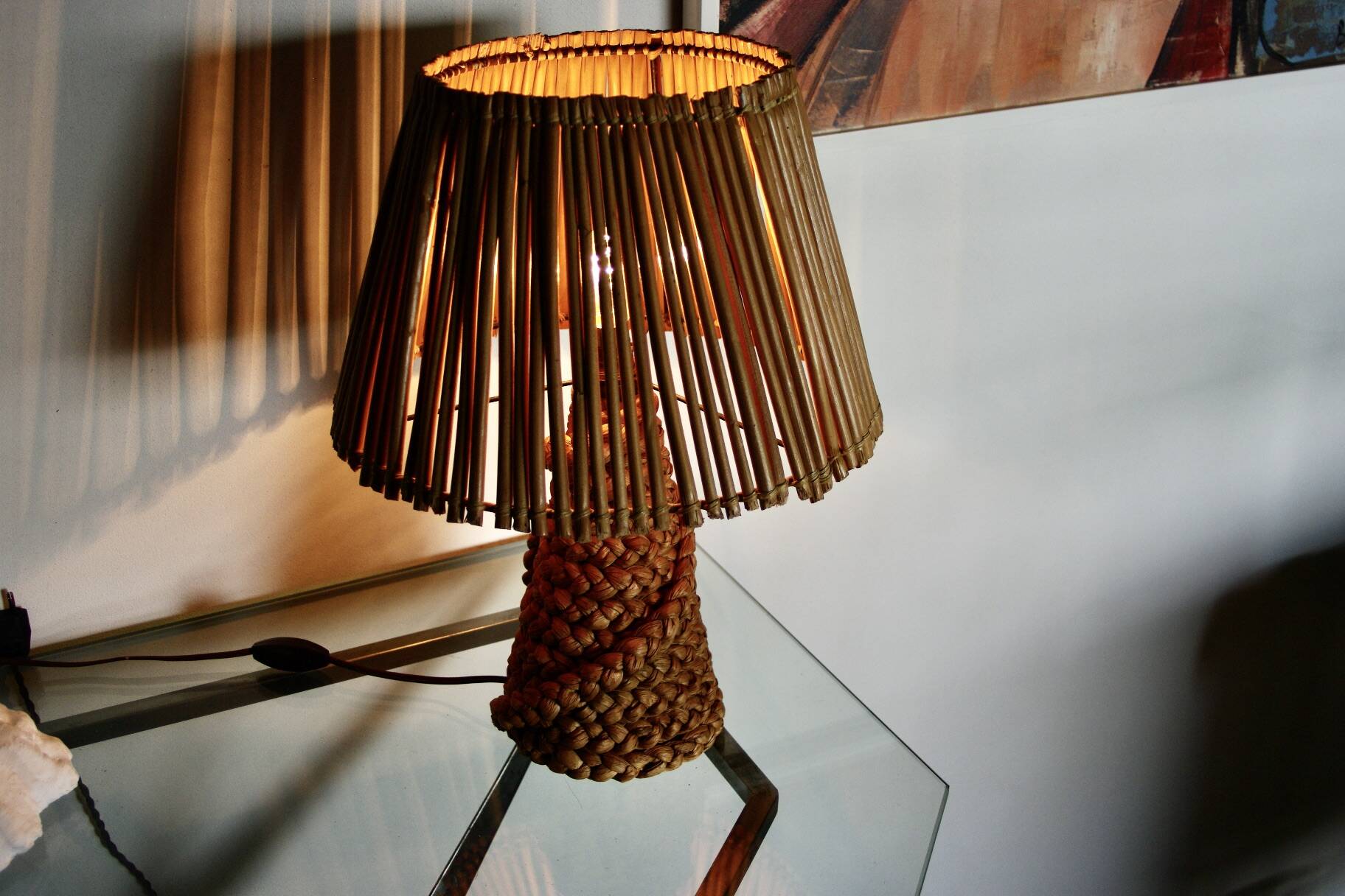 Vintage lamp in braided reed and bamboo