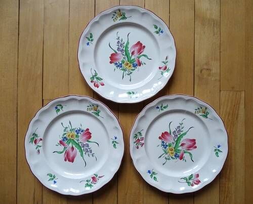 Kg luneville "réverbère" 3 flat plates earthenware hand-painted flowers ø25.5 cm
