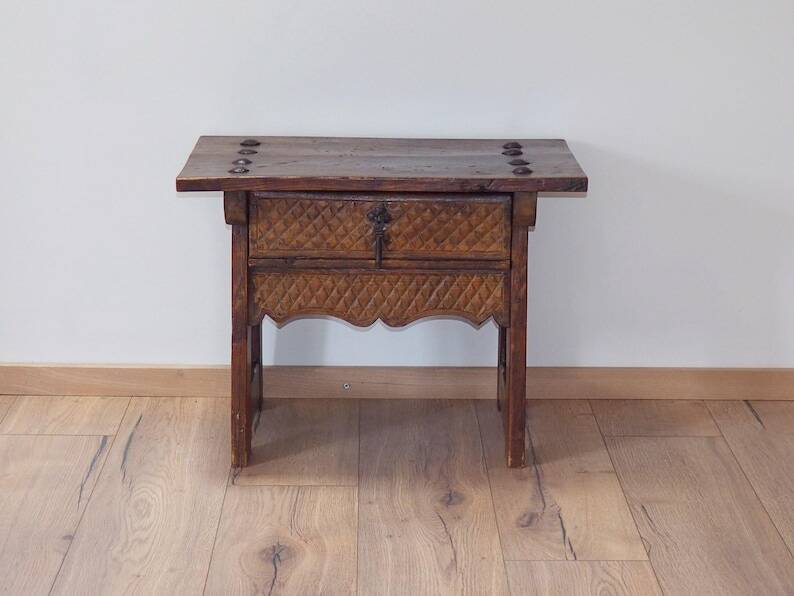 Mid-Century Coffee Table Carved Drawer, Rustic Nailhead Details