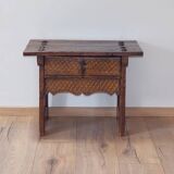 Mid-Century Coffee Table Carved Drawer, Rustic Nailhead Details