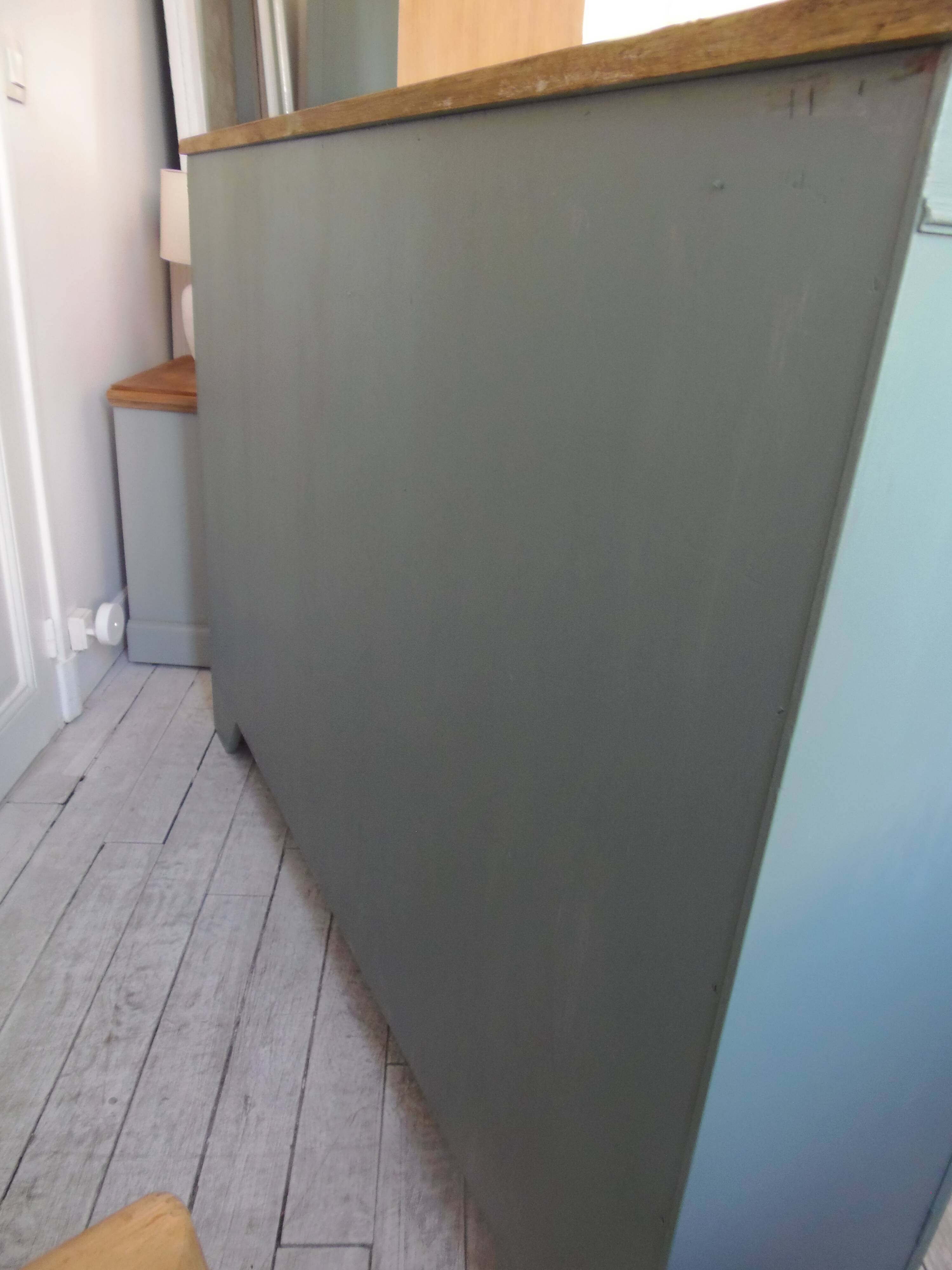 English sideboard, shallow, smoky green, wooden top.