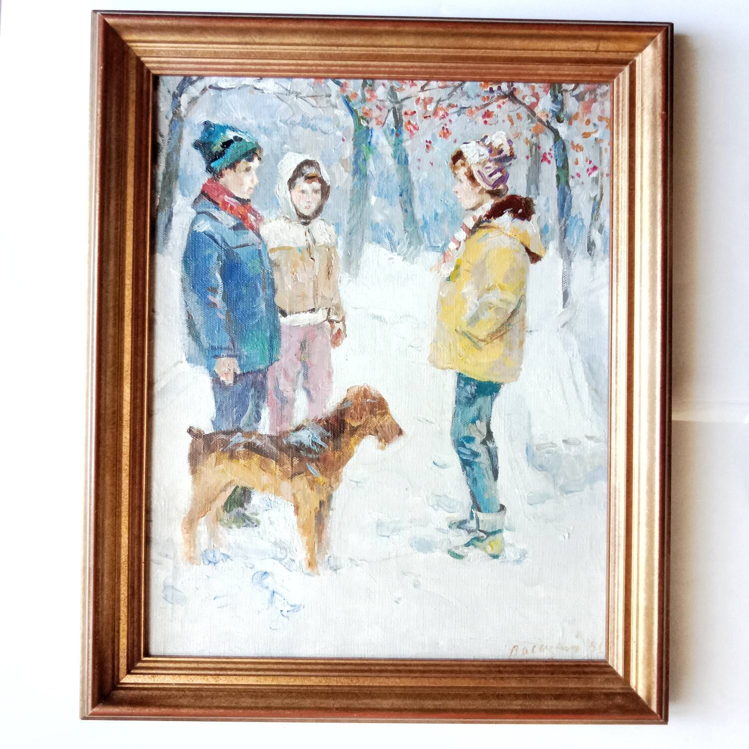 Animated Snowy Landscape Painting Children and their Dog Signed Canvas 20th Century Frame