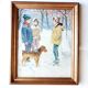 Snowy landscape tableau Children and their dog Signed canvas 20th century frame