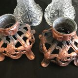 Pair of cone vases in pressed and molded glass, Zamac with 2 patinas