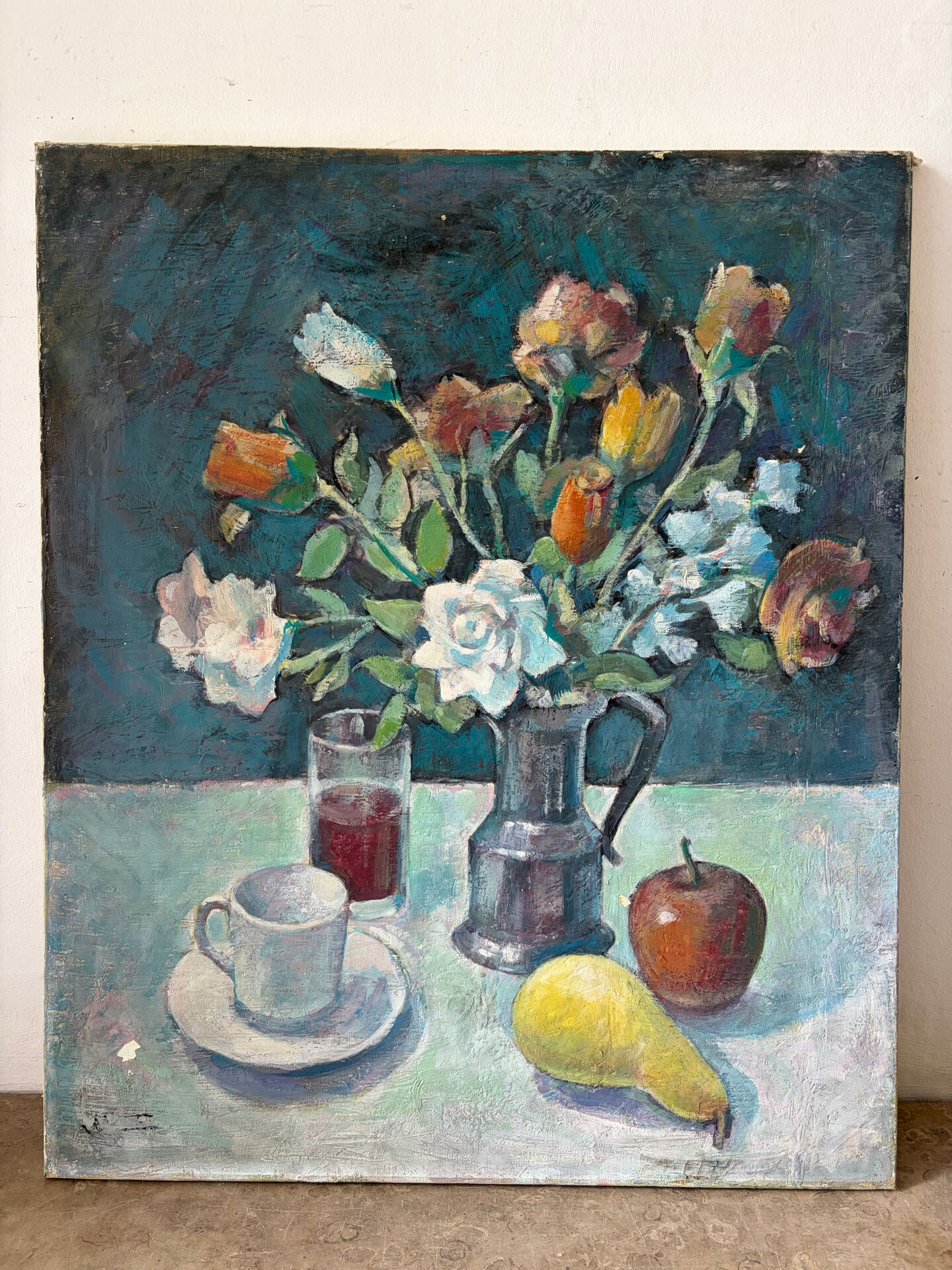 Nature morte - bouquet avec café et fruits, huile sur toile