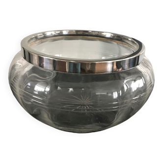Coupe ou vase en verre moulé cerclé metal argenté Mappin & Webb