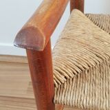Fauteuil enfant vintage en bois et paille, années 50