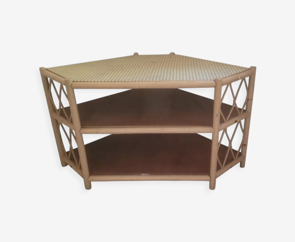 Etagere d'angle vintage en bambou et cannage