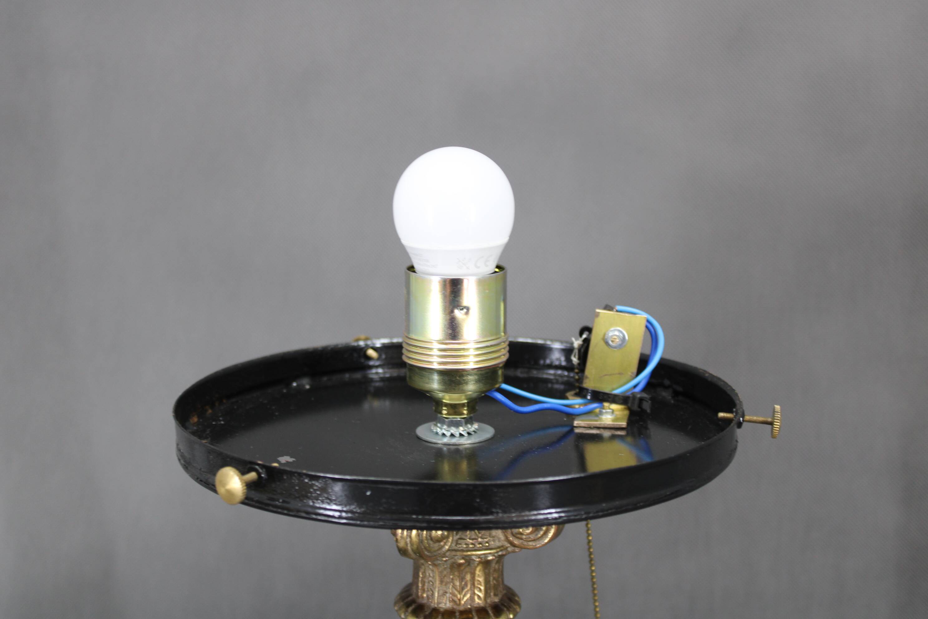 1940s restored brass table lamp with wooden base and glass shade