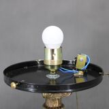 1940s restored brass table lamp with wooden base and glass shade