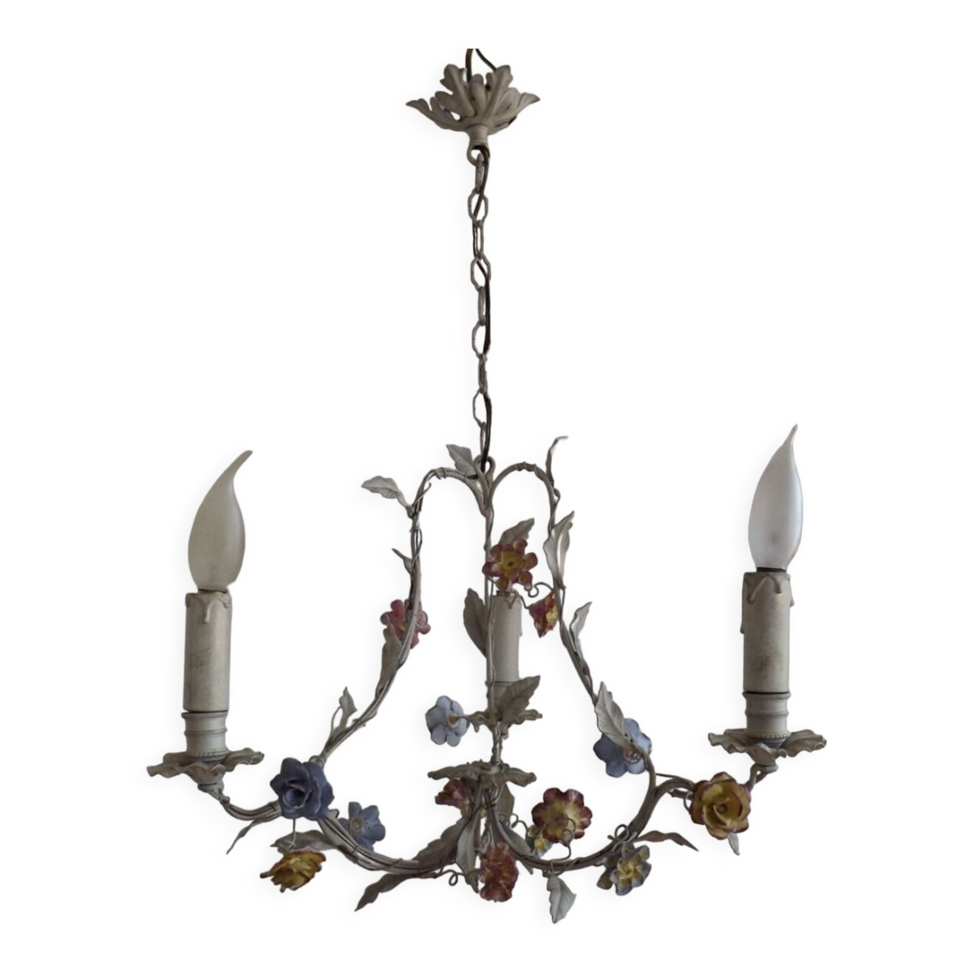 Italian tole ware 3 light cage chandelier with porcelain flowers