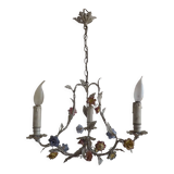 Italian tole ware 3 light cage chandelier with porcelain flowers