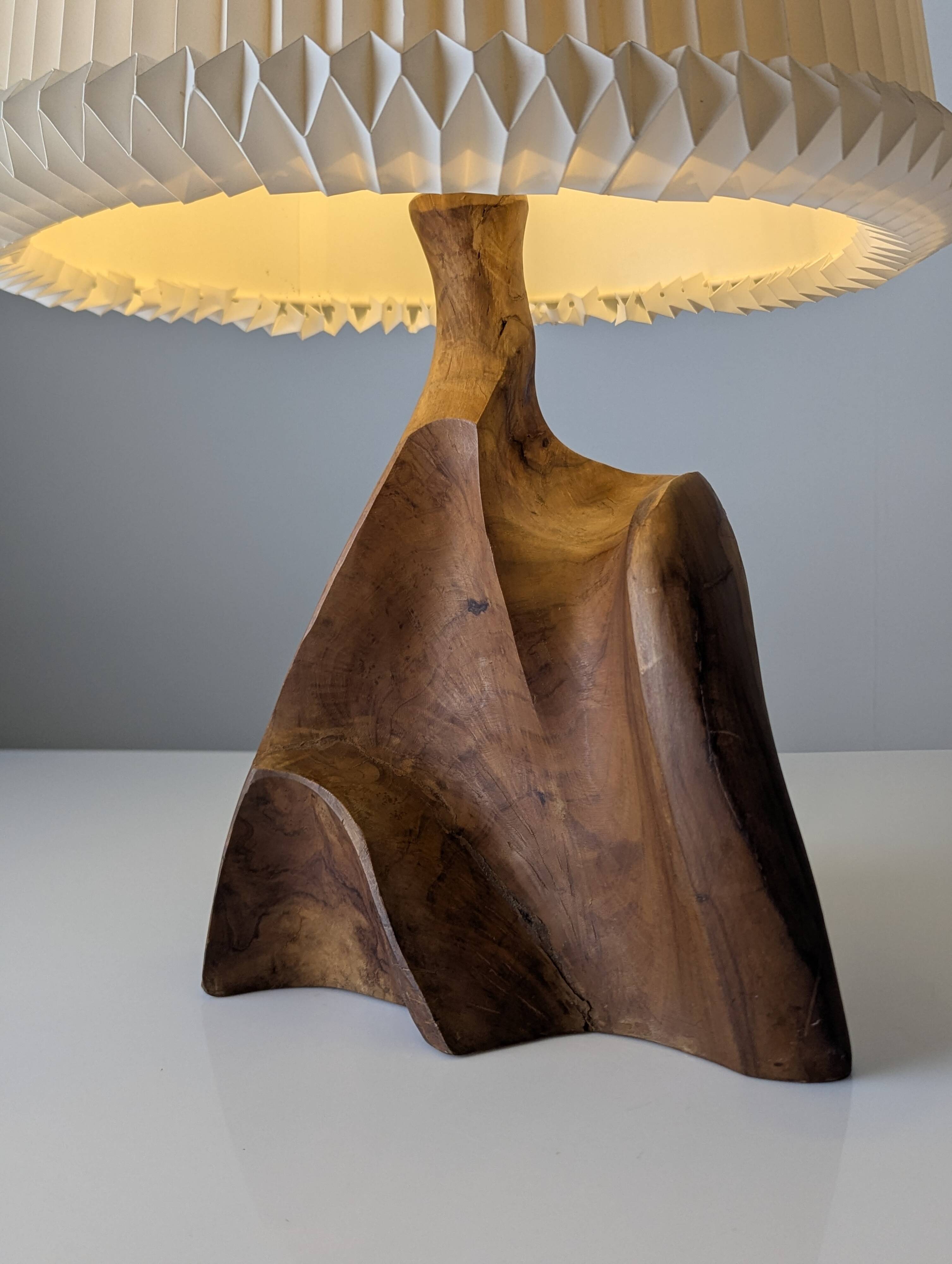 Sculptural table lamp in carved olive wood, organic modern 1970s