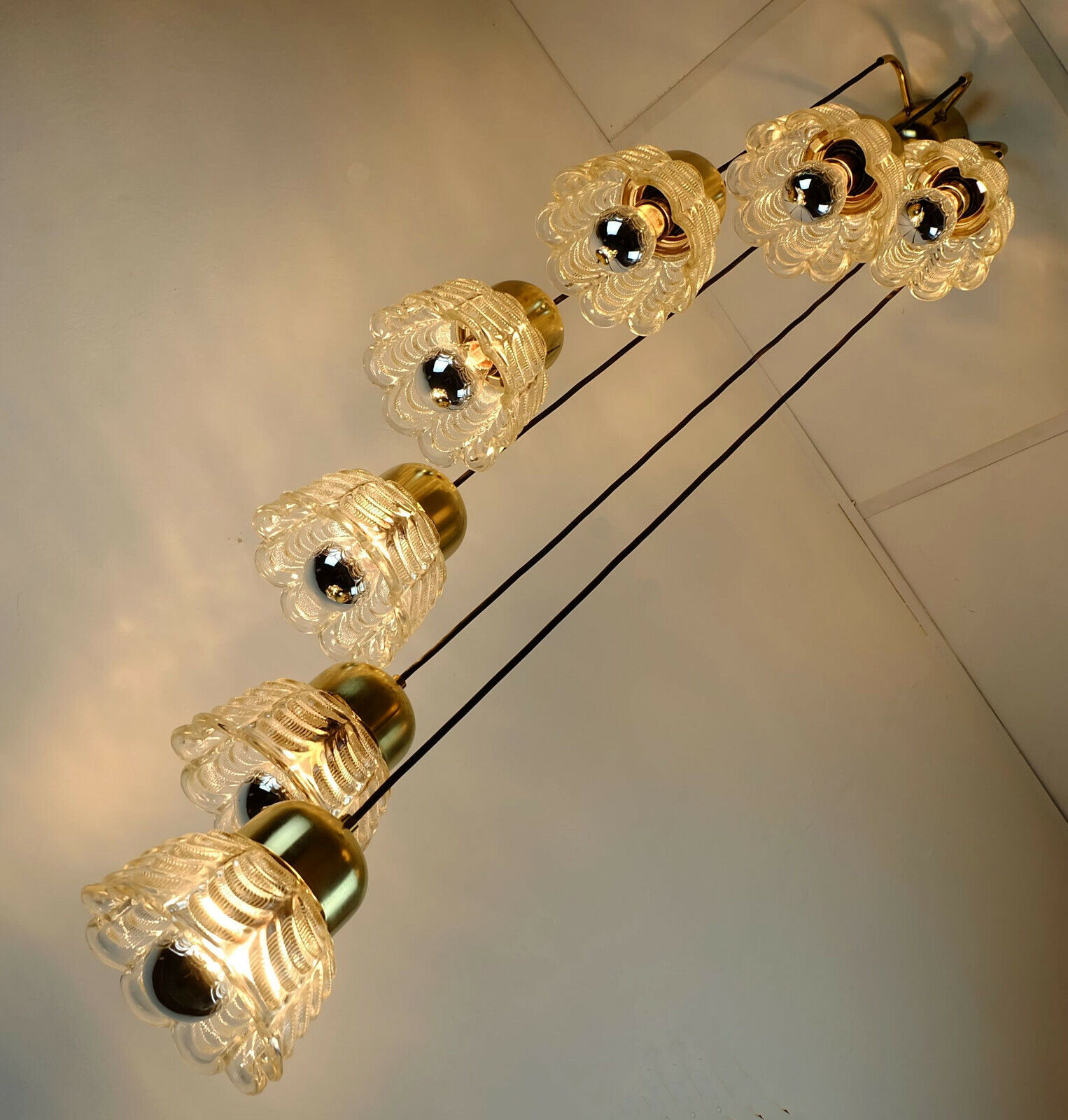 1960s mid century cascading lamp 7 flower-shaped glass shades and brass chandelier