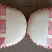 Pair of Louis XVI style armchairs in walnut and pink silk and ecru