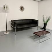Three-seater tubular chrome and black leather sofa by Kébé, Denmark 80