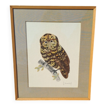 Framed tableau under glass, owl with butterfly wings.
