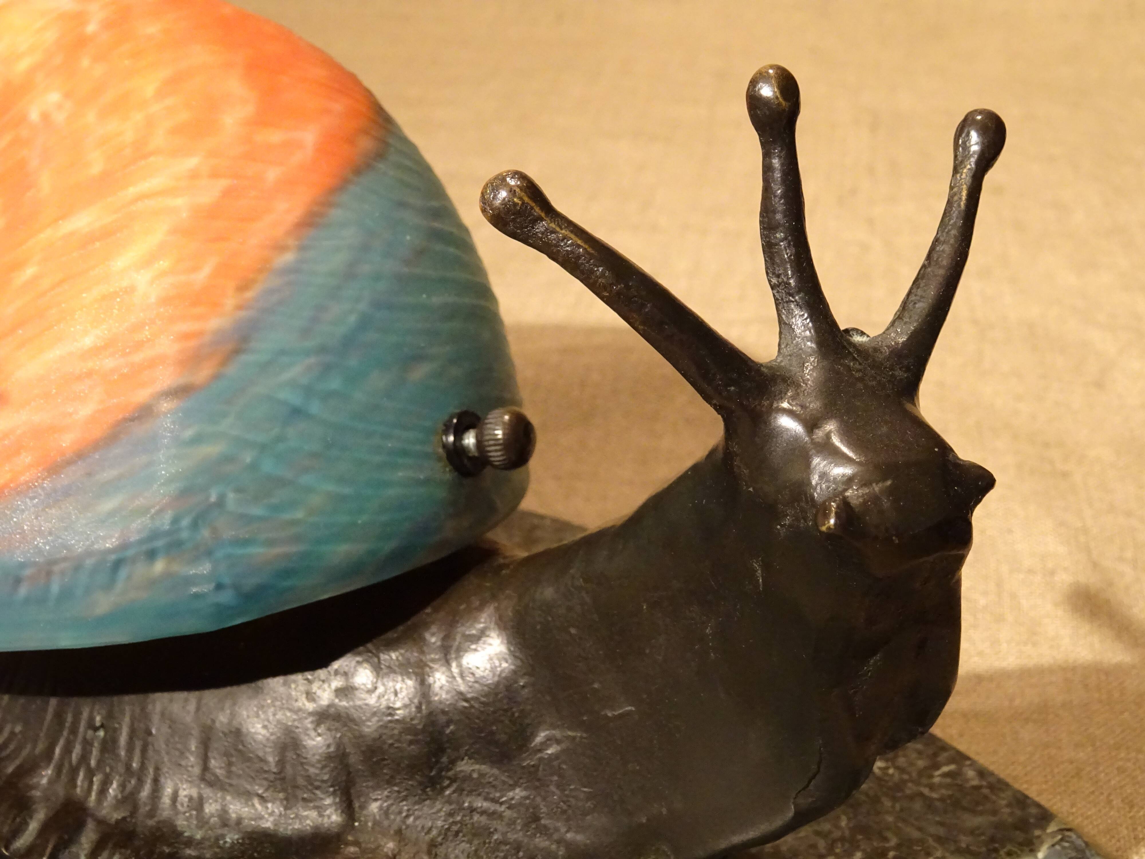 Bronze snail nightlight patinated glass shell lined marble base ref A208/12