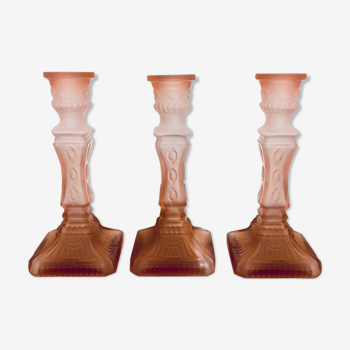 3 Frosted pink glass candlesticks