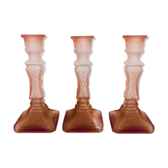 3 Frosted pink glass candlesticks