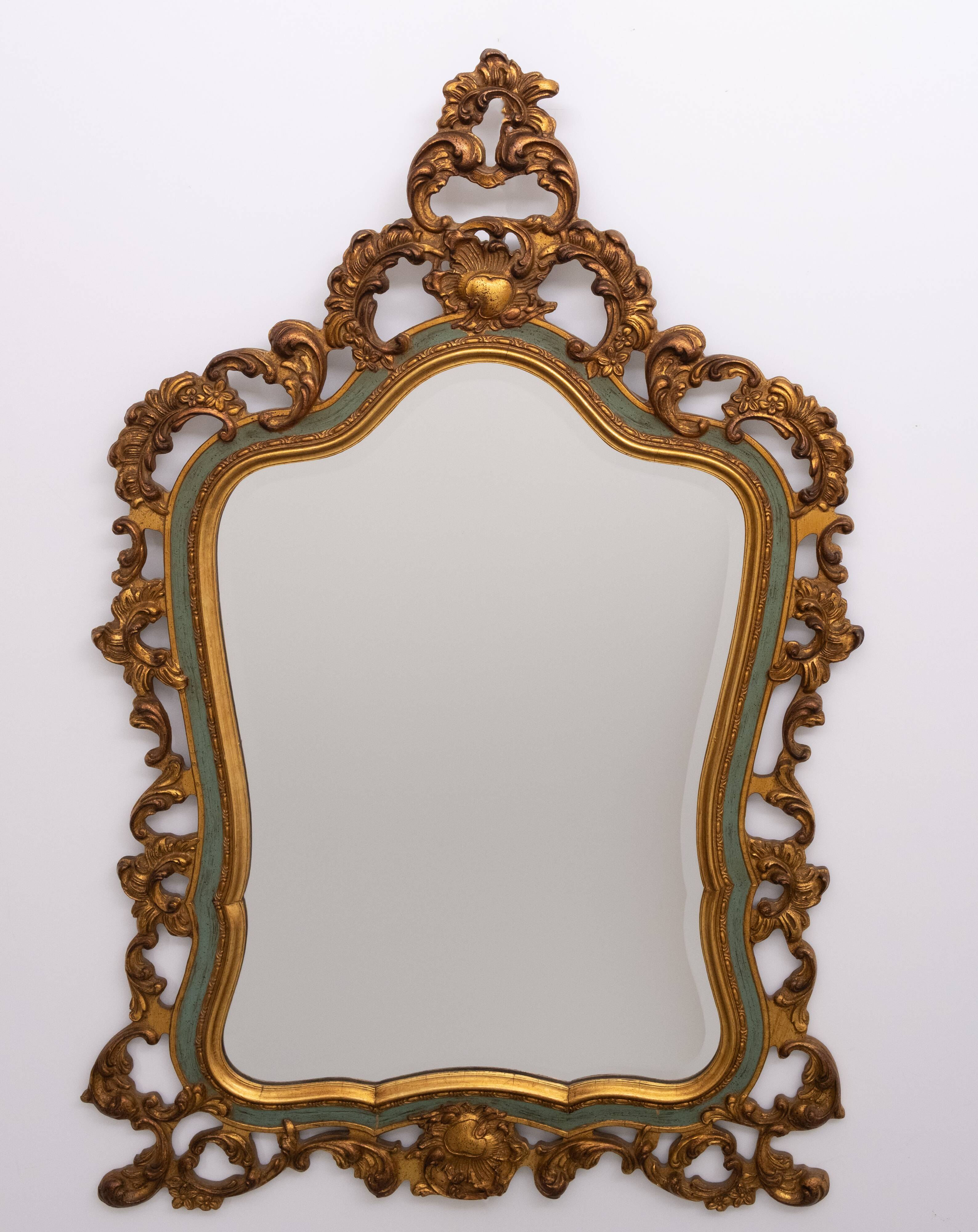 Baroque gilded Louis XV style beveled mirror with " Brevete" label, 1950s