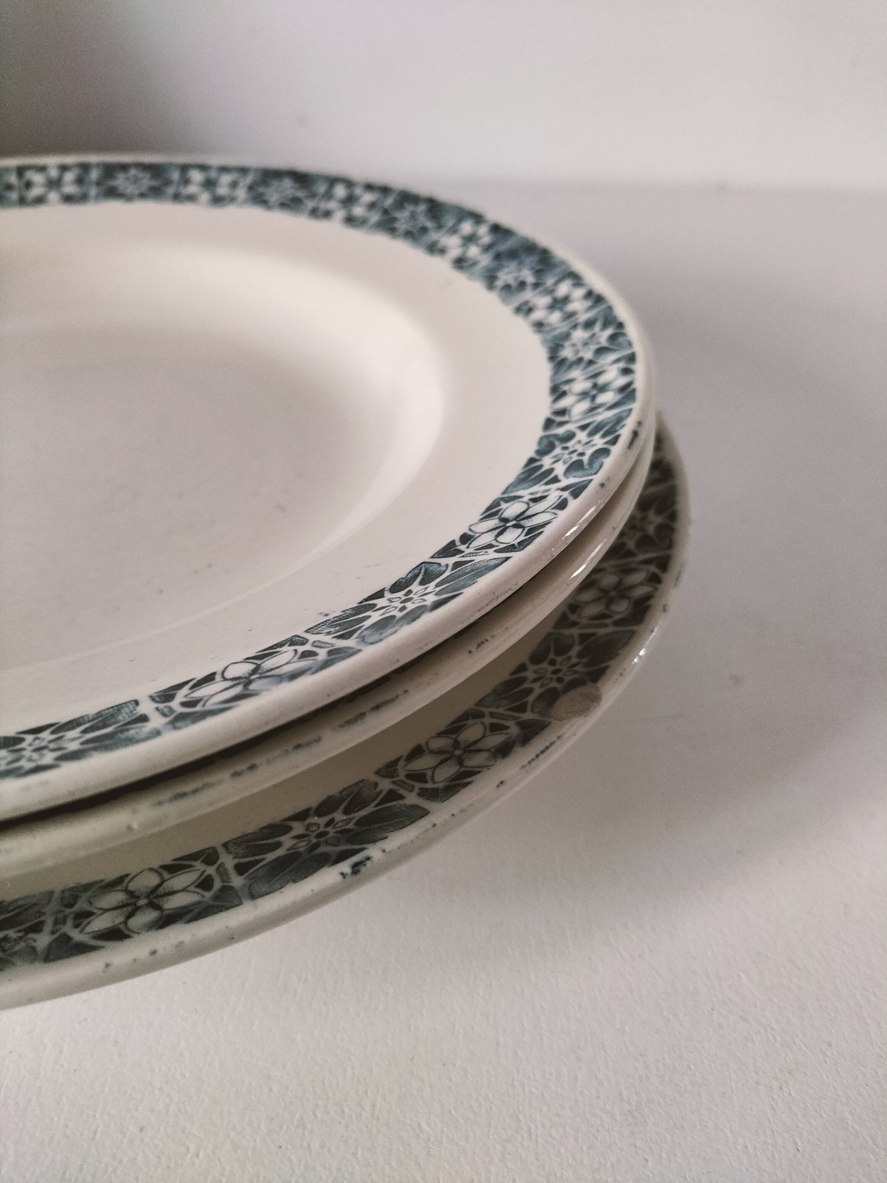 Trio of plates (2 soup plates, 1 dinner plate) Longchamp René, duck egg blue decoration