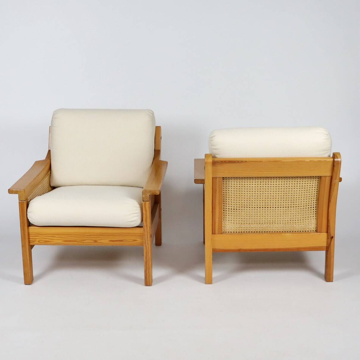Pair of 70s cane and pine armchairs