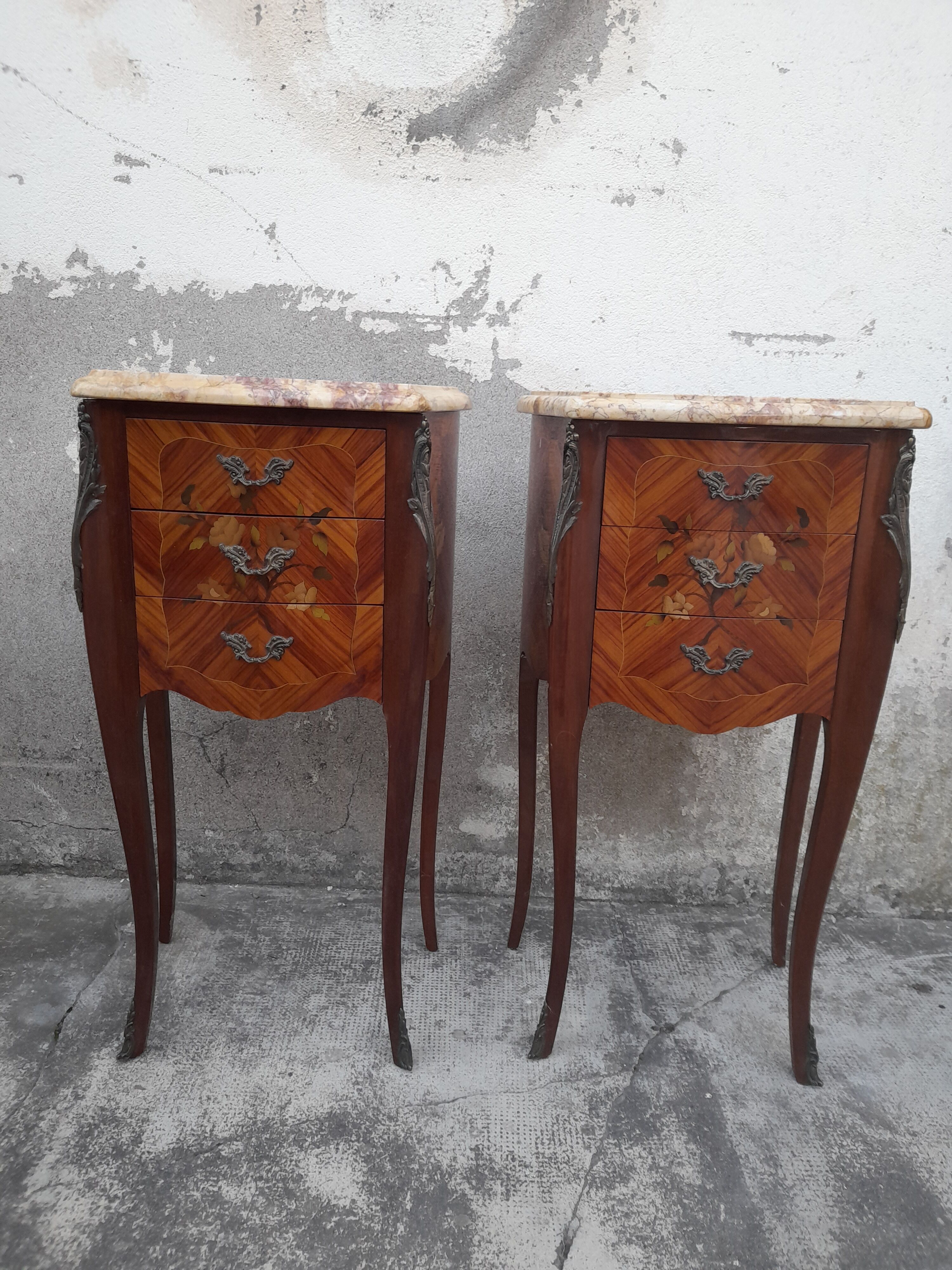Pair of Louis XV style bedside tables in Marquetry