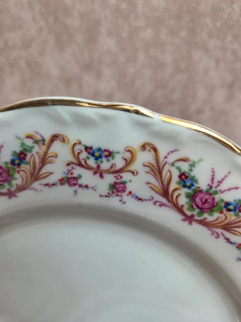 Set of 4 dessert plates French porcelain Digoin romantic floral gold decoration