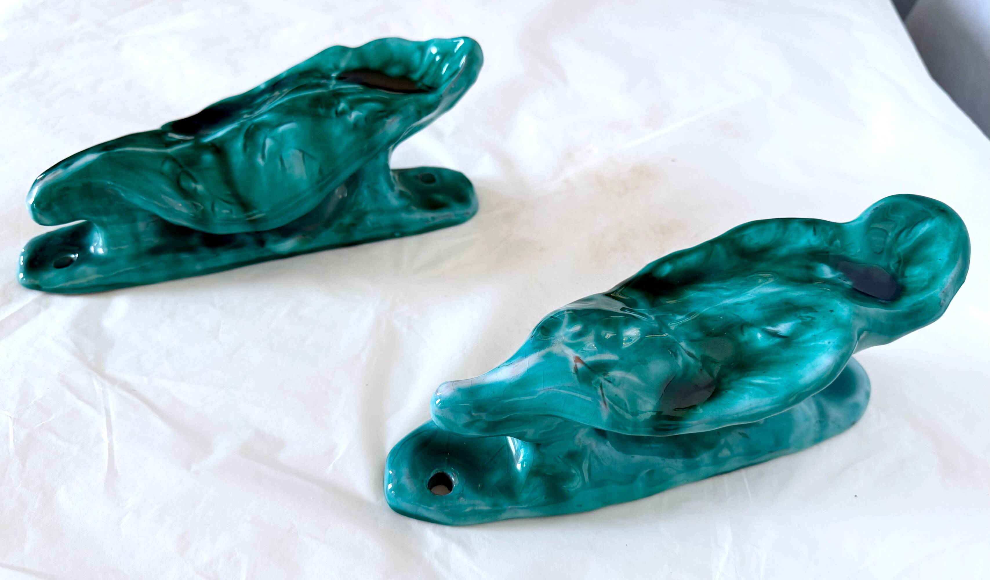 xPair of Handcrafted Teal Enameled Door Handles by Gabbianelli, Albisola, I