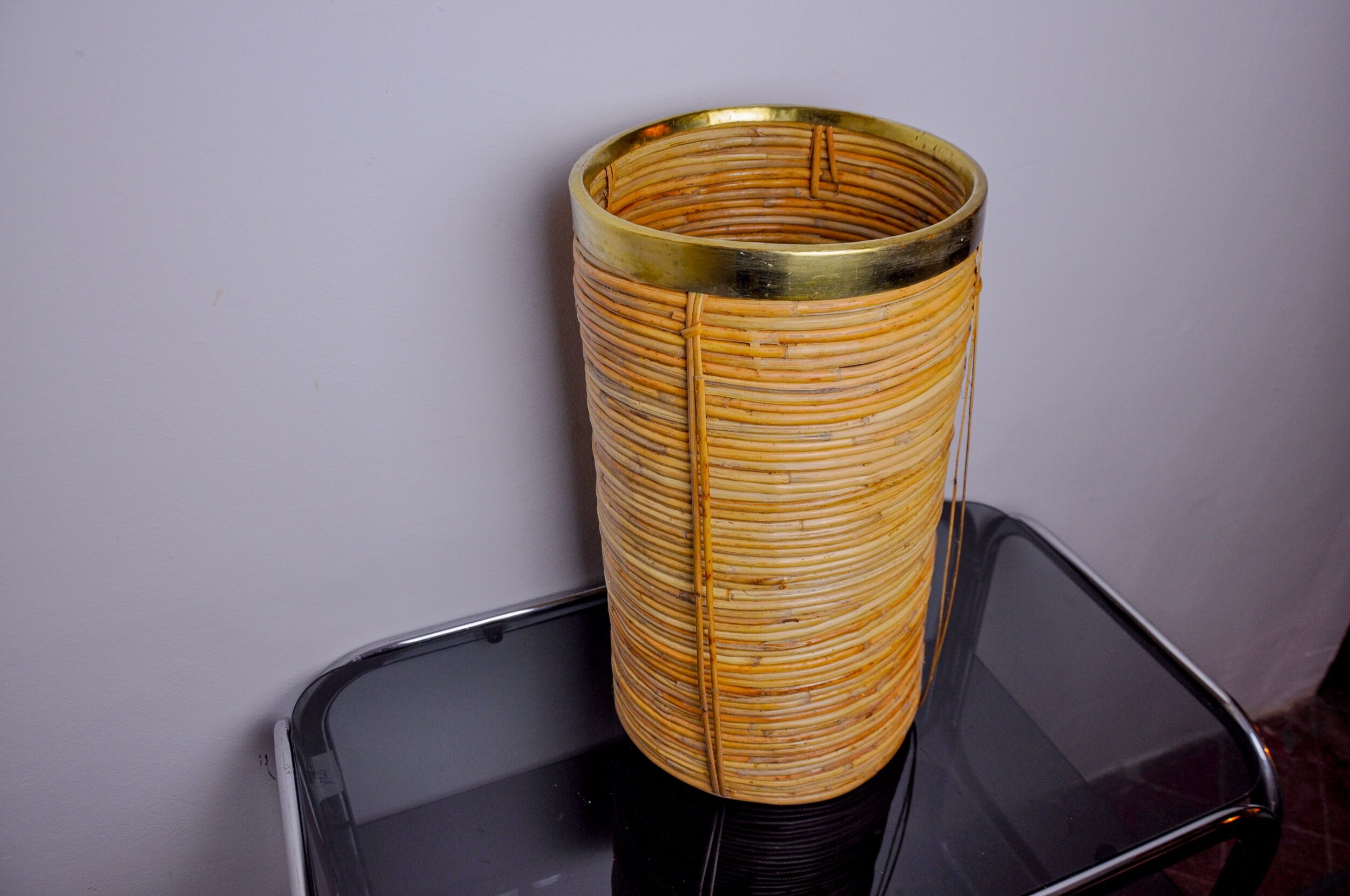 Rattan and brass umbrella stand, Italy, 1970