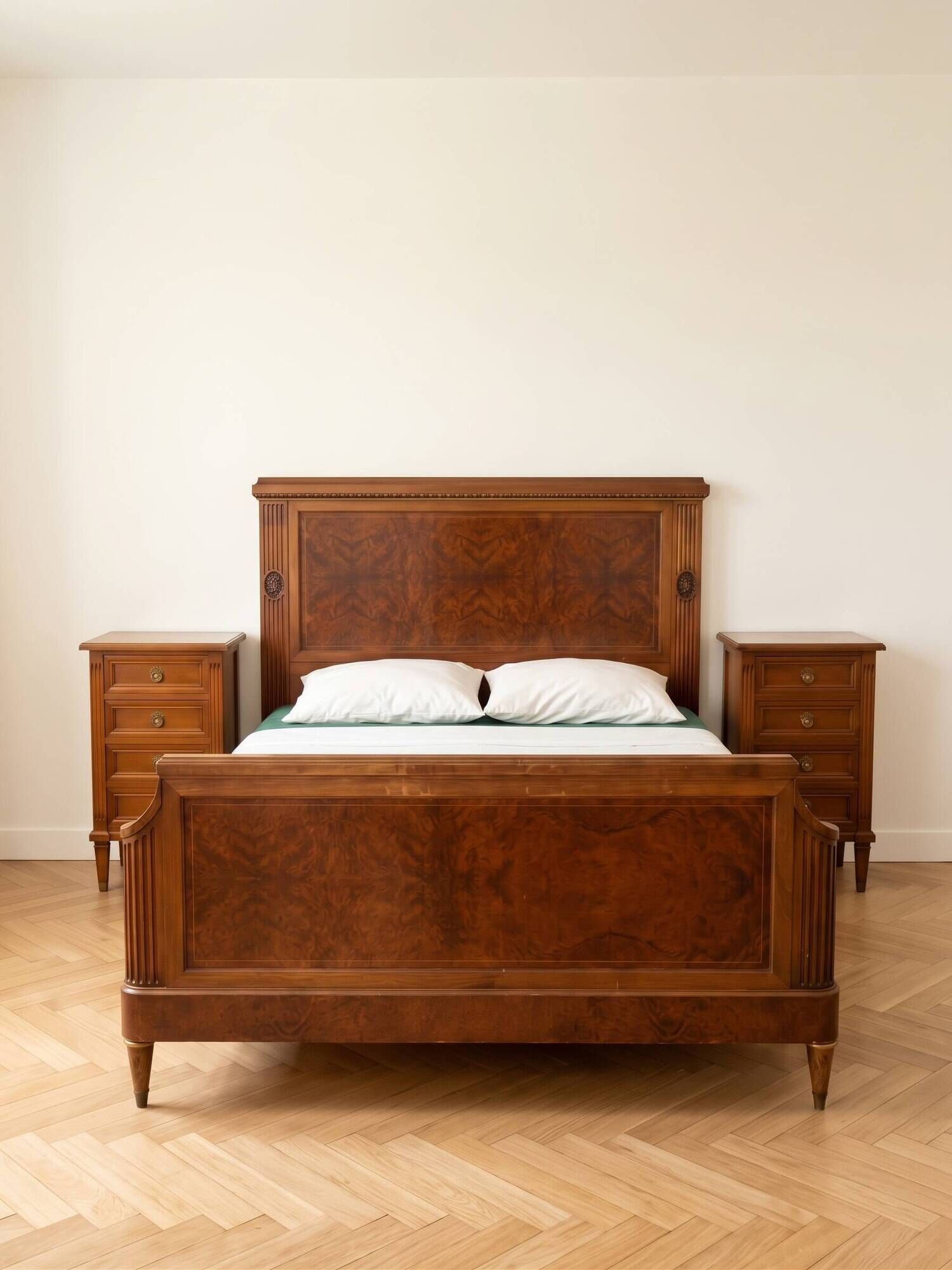 Double bed in Art Deco style with thuya burl wood and two bedside tables.