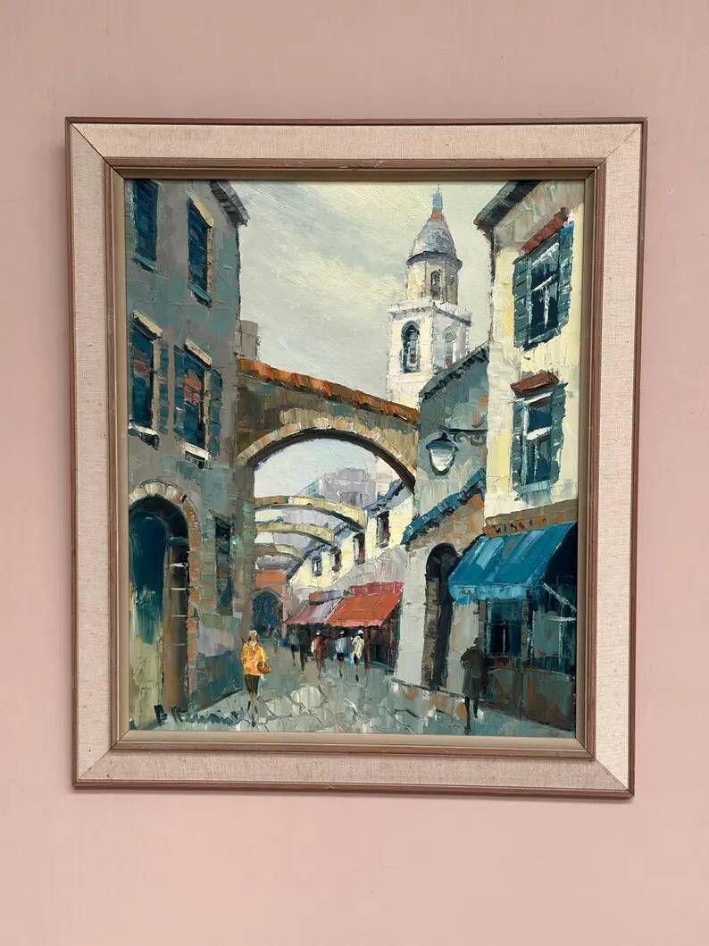 Original Swedish Oil on Canvas –“Market Alley” by B. Komino – Signed – Vintage & Framed –57 × 61 cm