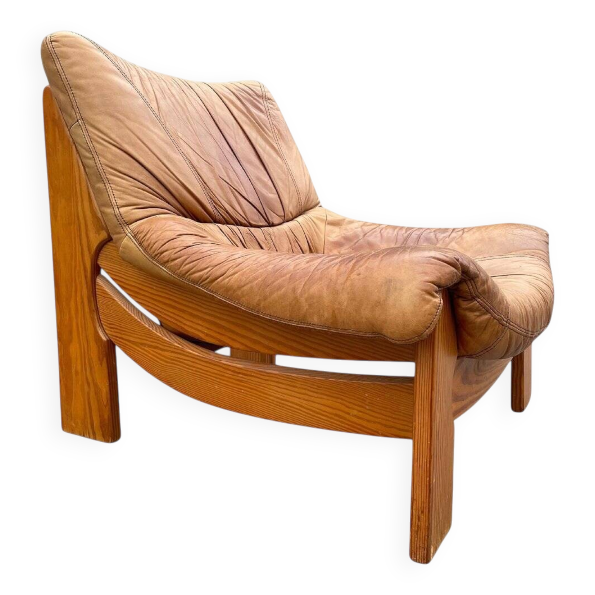 Vintage leather and pine lounge chair by Maison Regain, 1970s