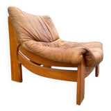 Vintage leather and pine lounge chair by Maison Regain, 1970s
