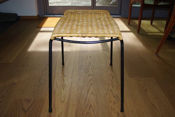 Tabouret basket vintage en acier et osier tressé de franco legler 1950