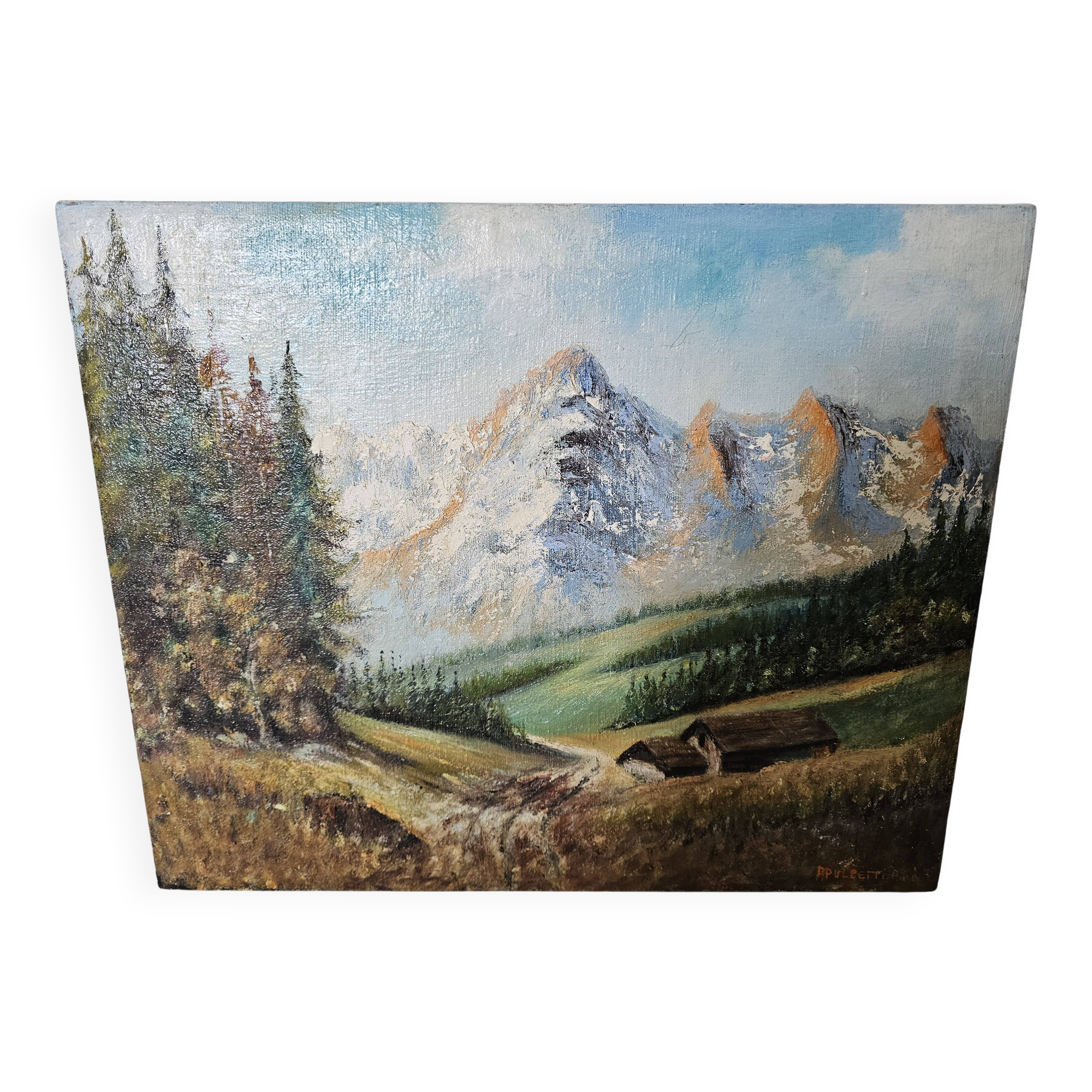 Painting - Oil on canvas View of the Ambérieu en Bugey mountain Signed Aimé Apul