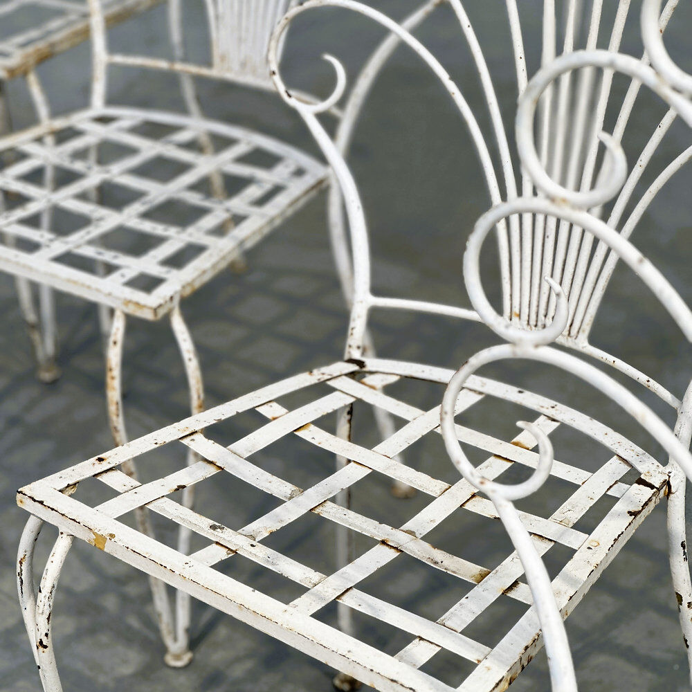 Rare exquisite set of six French peacock garden patio chairs, 1950s