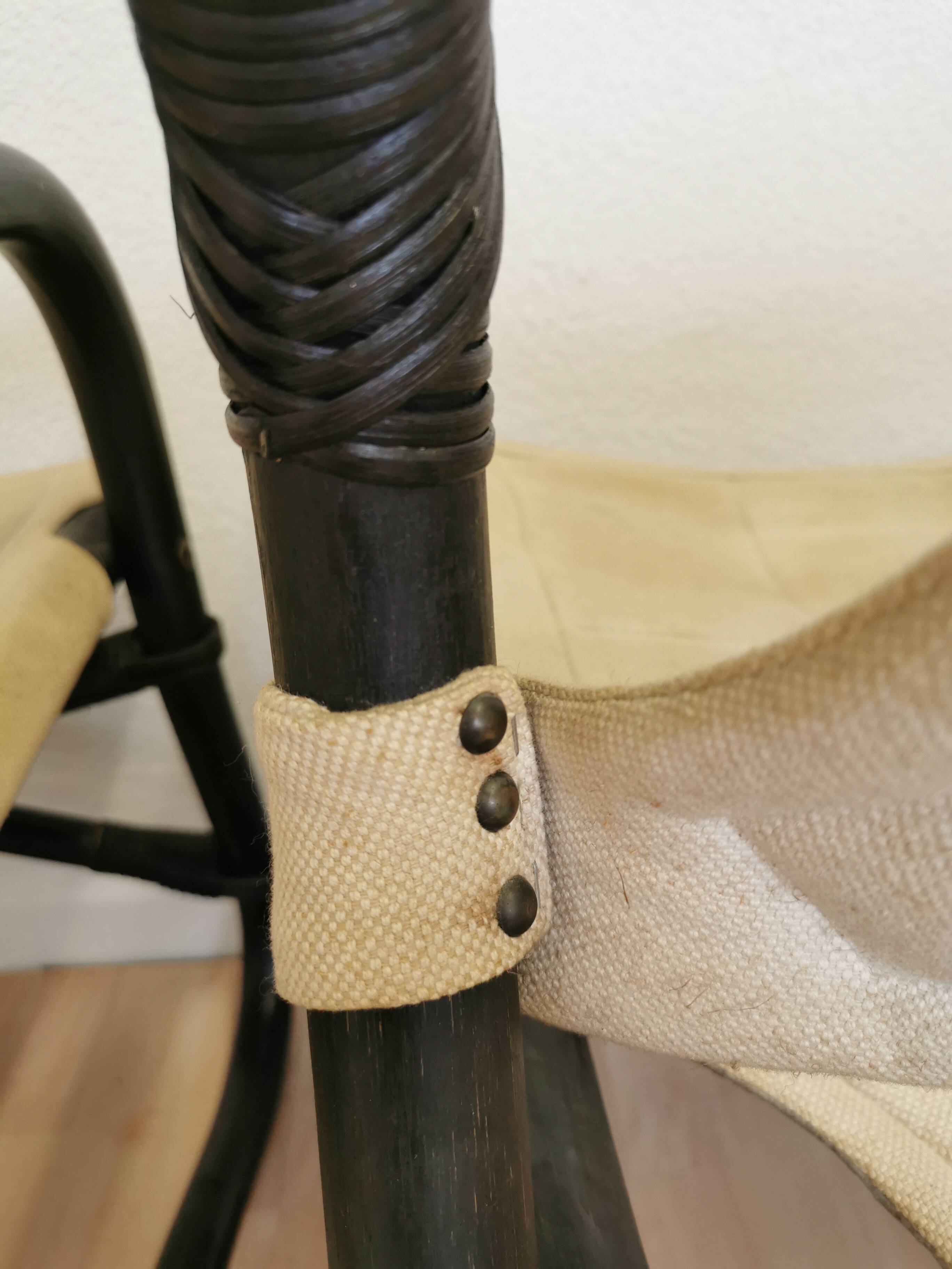 2 Vintage Espri Safari Lounge Armchairs / Rare Mid-century Black Bamboo and Beige Fabric Easy C