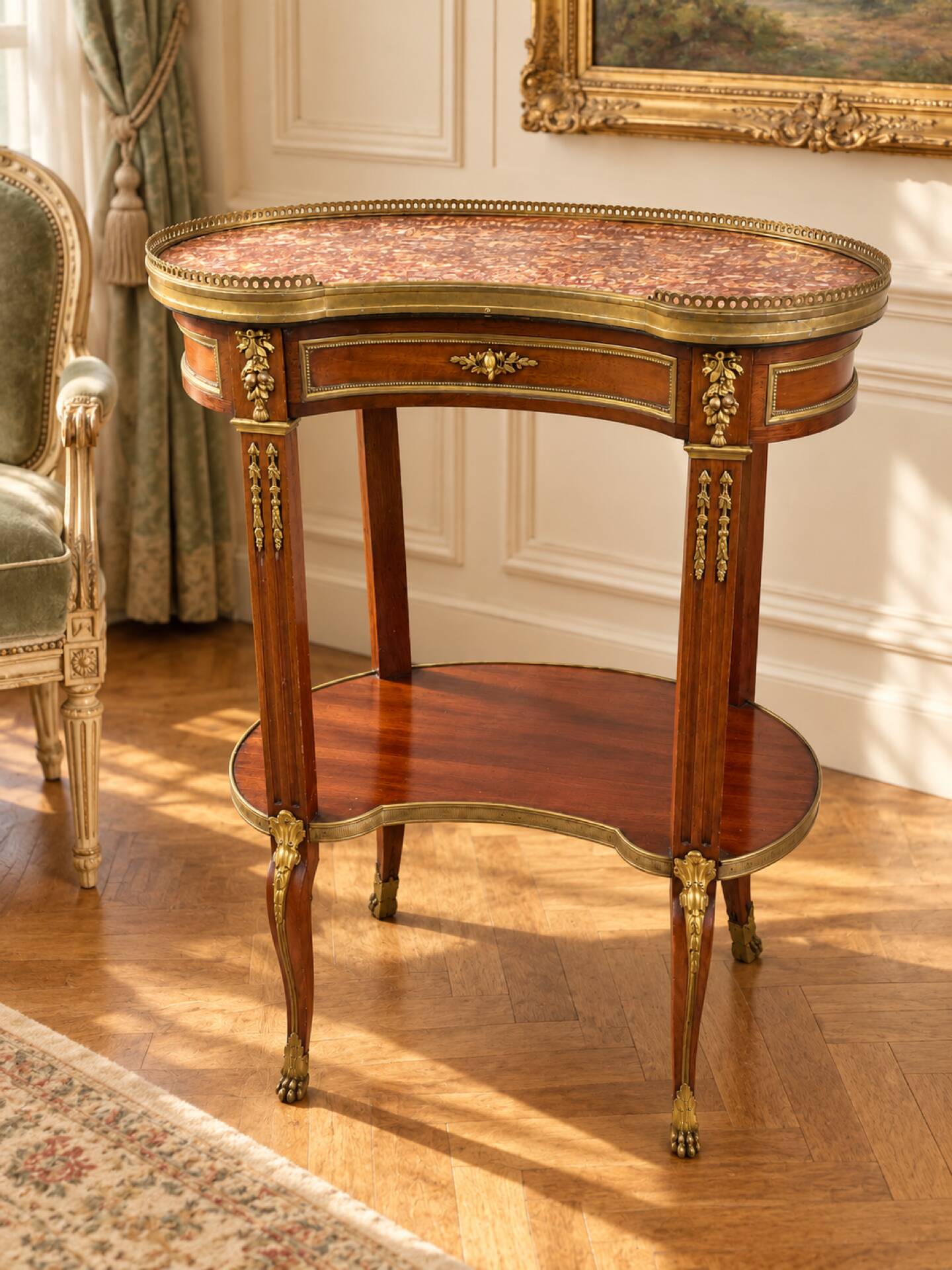 Kidney table in mahogany, brocatelle marble, Louis XV Transition, 19th century.
