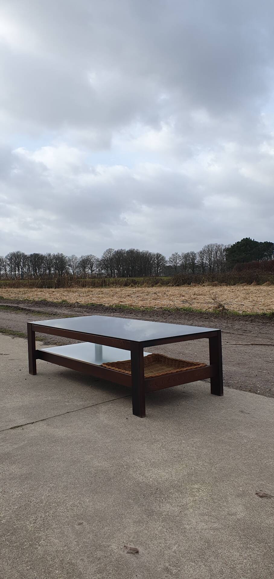 Vintage 1970s coffee table 137 cm wenge smoked glass  wicker basket