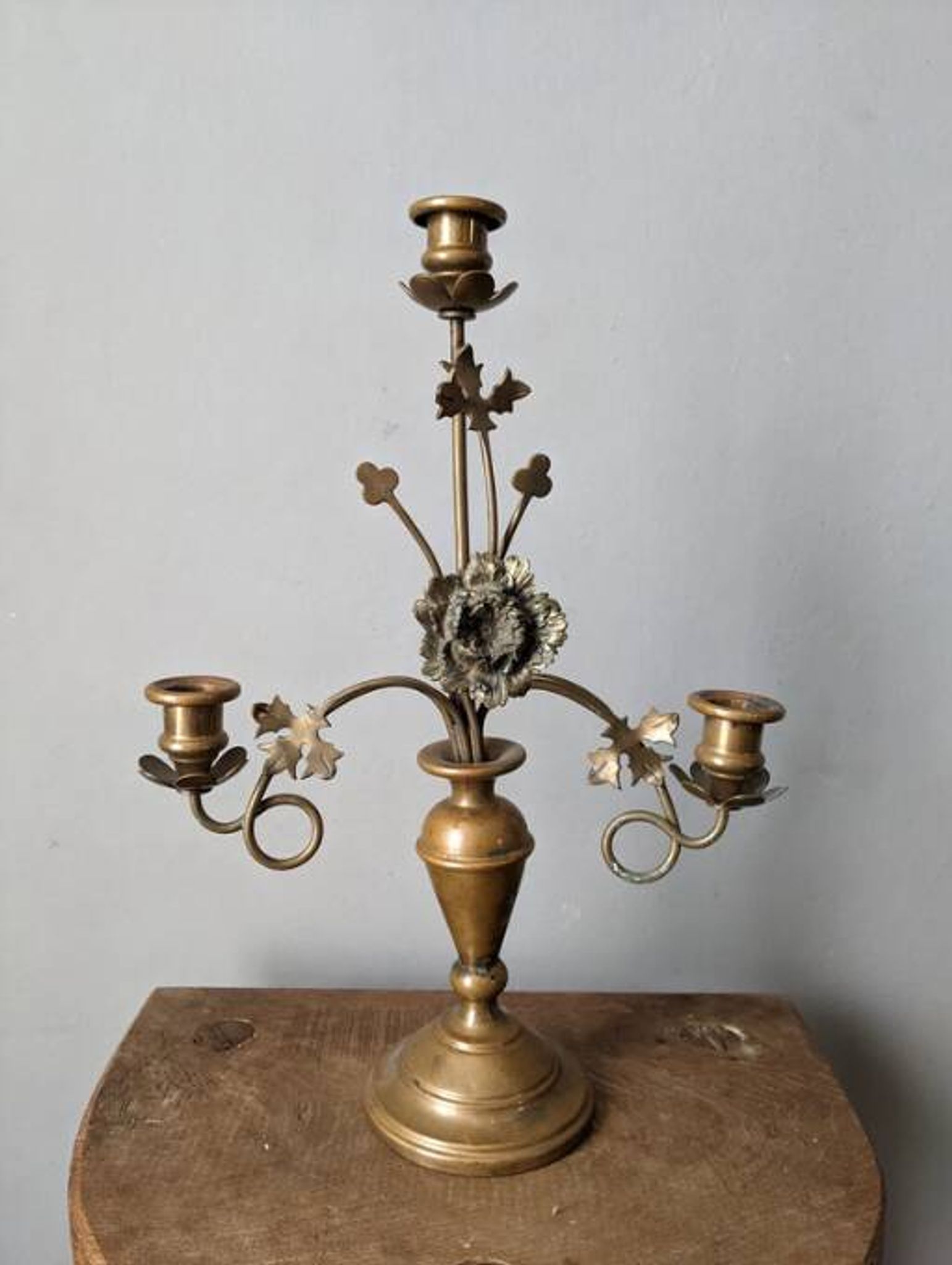 Antique candle holder old brass sunflower baroque countryside three branches