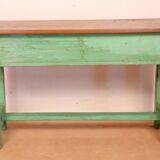 Old Burmese teak school chair and set original green patina, height under desk
