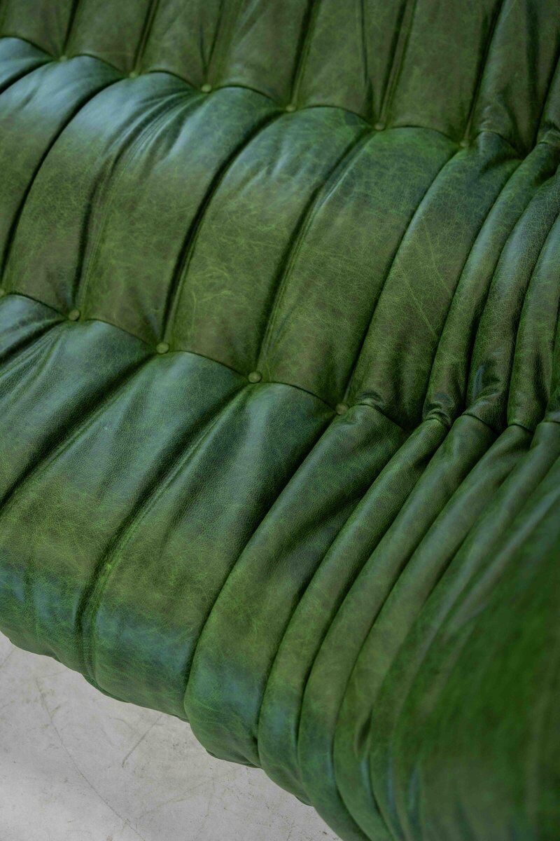Togo chaise lounge in green leather attributed to Michel Ducaroy for Ligne Roset, 1974