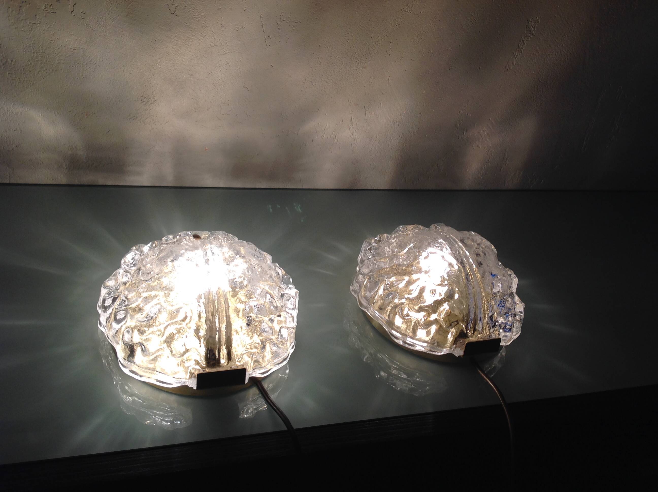 Pair of ice glass and brass wall lights by Limburg / vintage 60s-70s